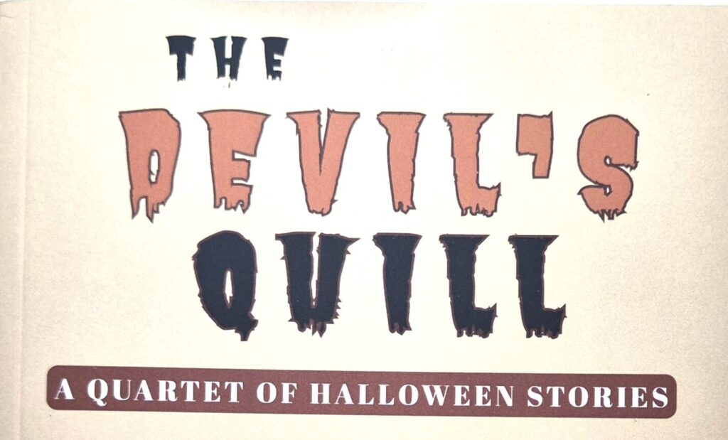 The cover of a book called Devil's Quill with a white paperback cover and an image of an inkwell and other ephemera on it.