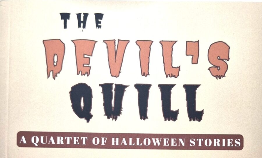 The cover of a book called Devil's Quill with a white paperback cover and an image of an inkwell and other ephemera on it.