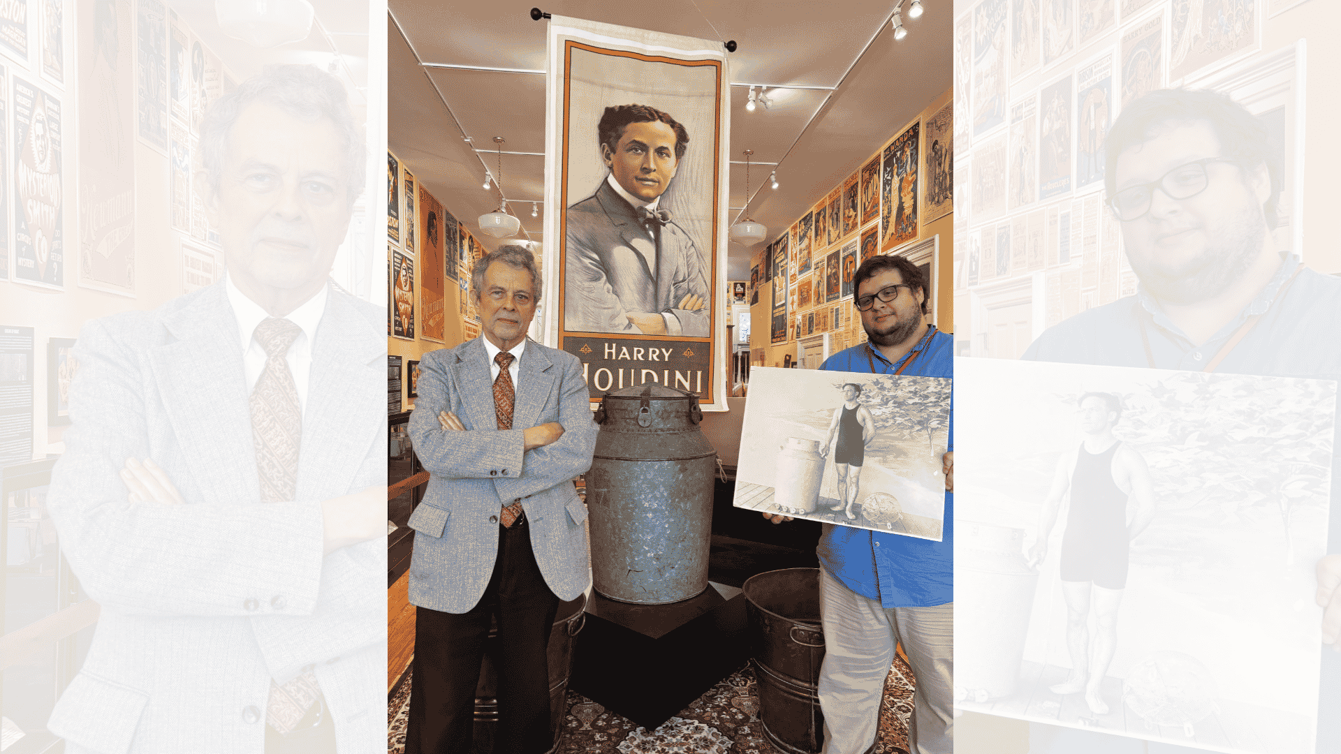 John Sherwood, left, and Scott Duck, both of the American Museum of Magic, stand beside the milk can used in Harry Houdini’s famous escape act. Duck holds a photo of Houdini performing the trick.