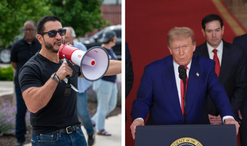 Abdul stands in front of a rally with a megaphone. Divider. Trump stands in front of the mic at a press conference.
